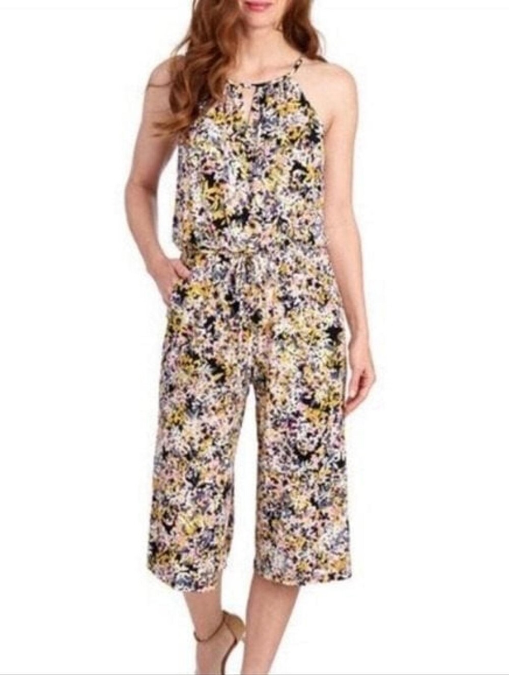 London Times Confetti Floral Blouson Halter Wide-Leg Crop Jumpsuit SIZE 10